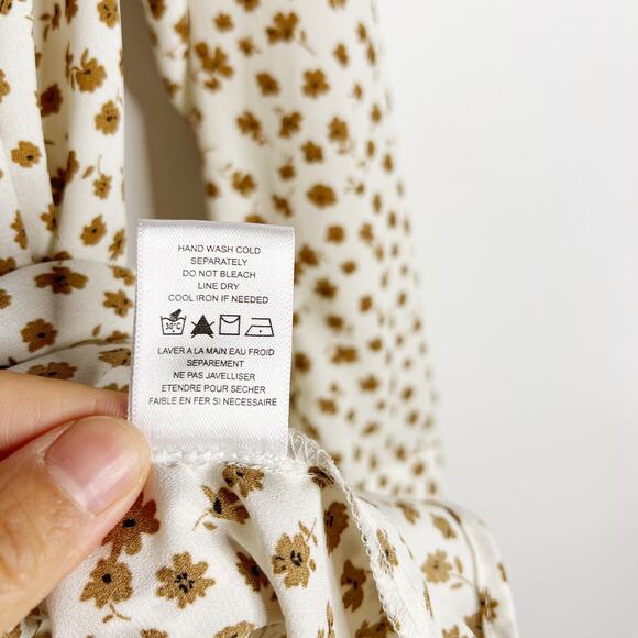 Pleione Medium Cream Orange Ditsy Floral Long Sleeve Blouse V Neck Pleated Back - Picture 8 of 10